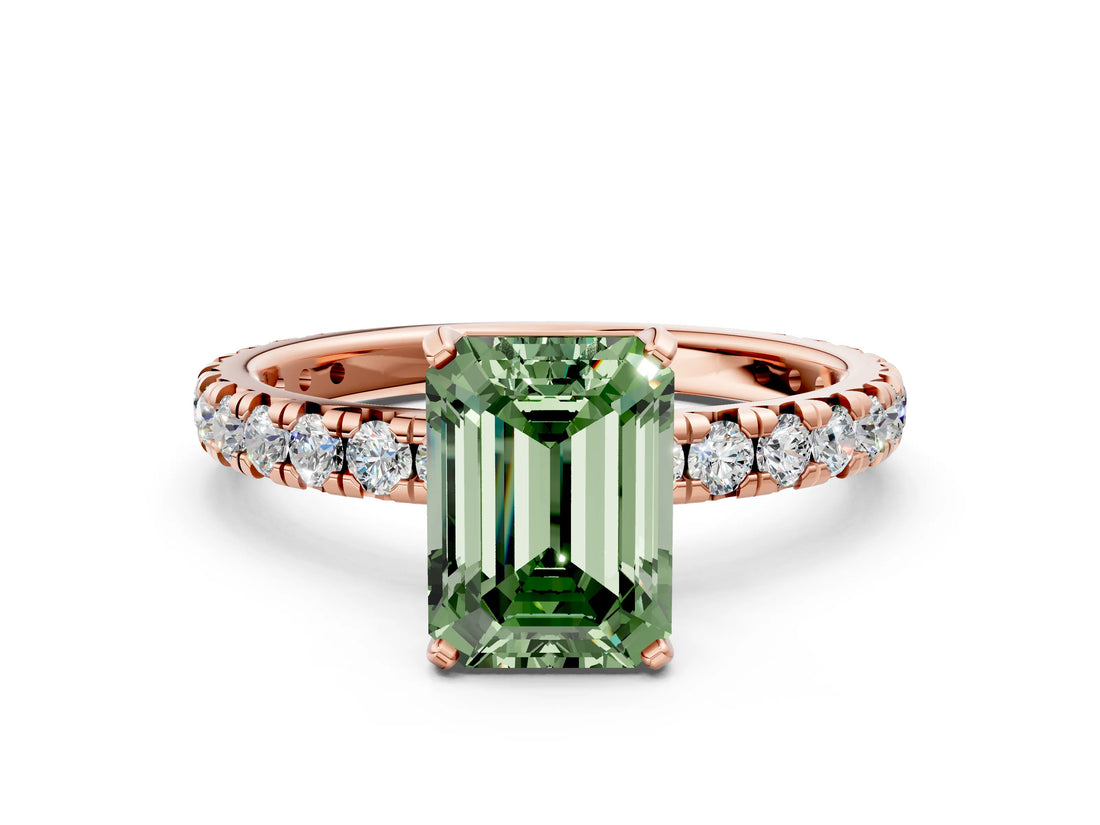 Rose gold Fancy Green Emerald Cut Diamond Pavé Solitaire Ring with Round Band and Prong Setting_12