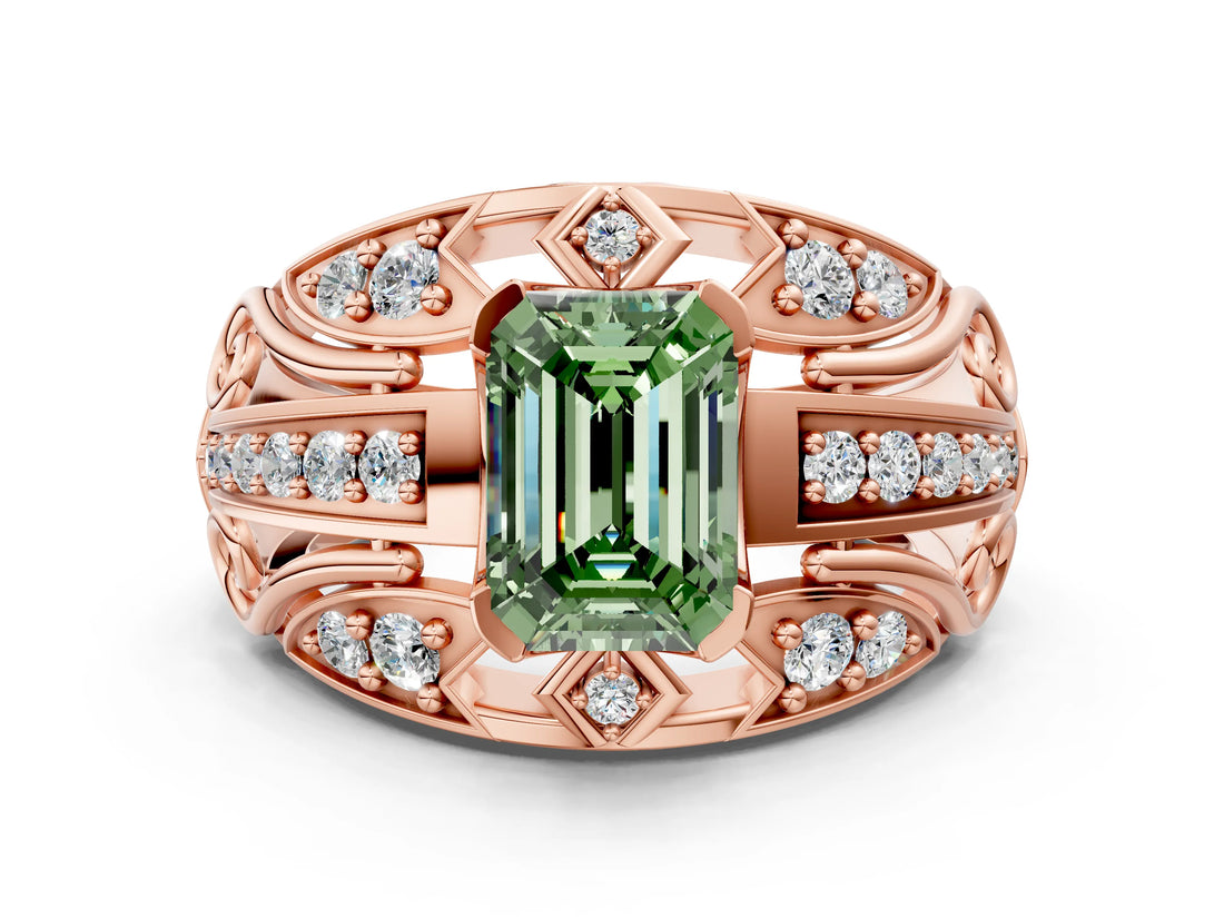 Rose gold Fancy Green Emerald Cut Diamond Pave Art Deco Split Shank Ring with Four-Prong Setting