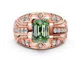 Rose gold Fancy Green Emerald Cut Diamond Pave Art Deco Split Shank Ring with Four-Prong Setting