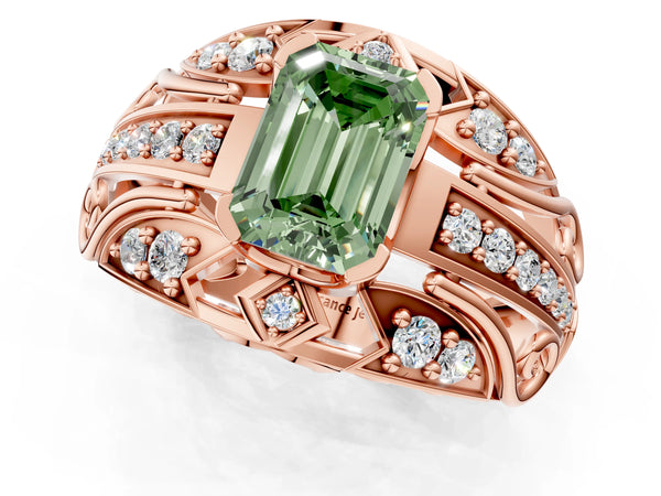 Rose gold Fancy Green Emerald Cut Diamond Pave Art Deco Split Shank Ring with Four-Prong Setting