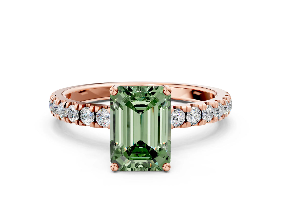 Rose gold Fancy Green Emerald Cut Diamond Pave Band Solitaire Ring with Four-Prong Setting_58