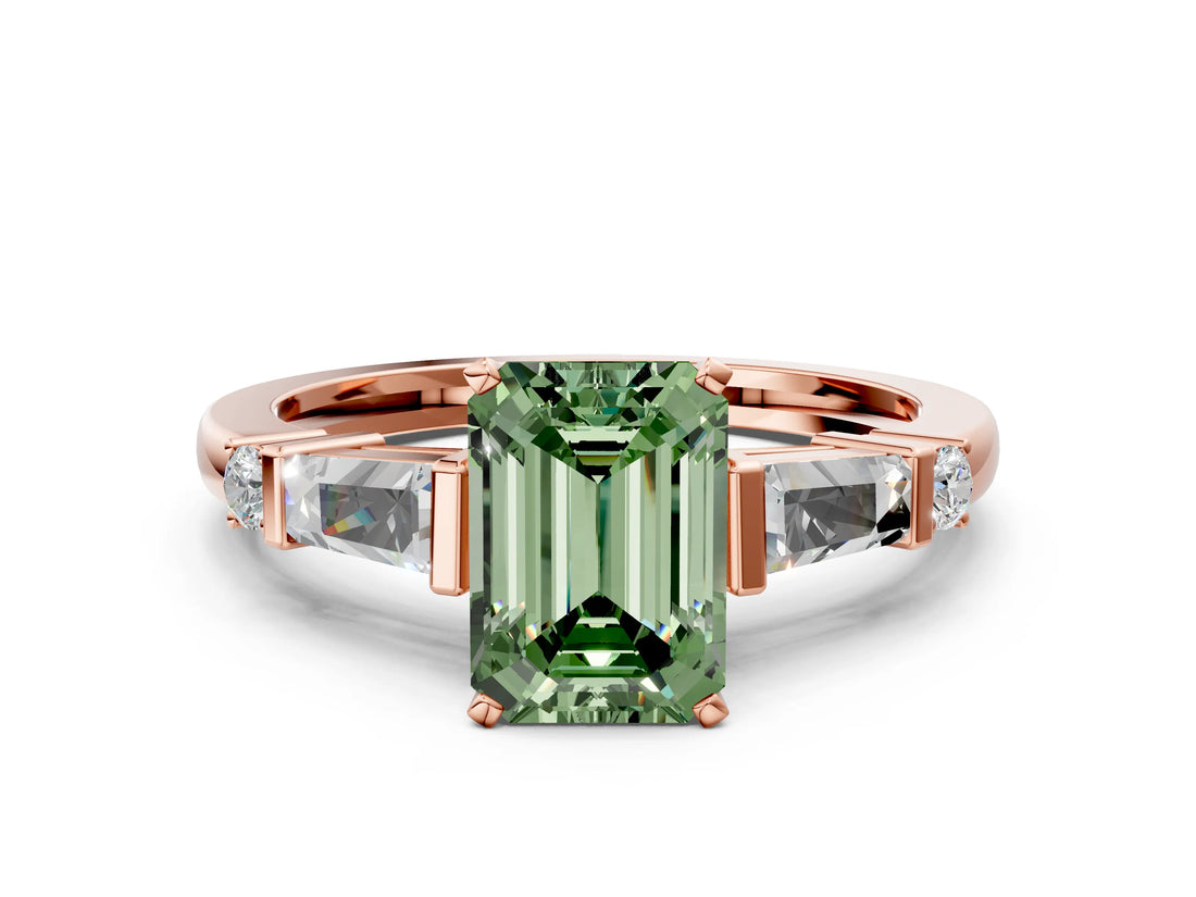 Rose gold Fancy Green Emerald  Cut Diamond Ring with Baguette Side Stones, Channel Set Band, and Four-Prong Setting_24