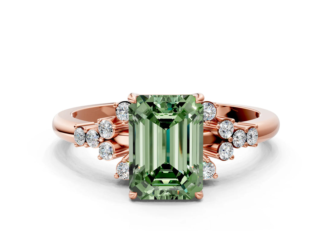 Rose gold Fancy Green Emerald Cut Diamond Ring with Side Stones and Four-Prong Setting_94