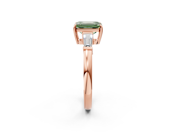 Rose gold Fancy Green Emerald  Cut Diamond Ring with Tapered Baguette Side Stones in Four-Prong Setting