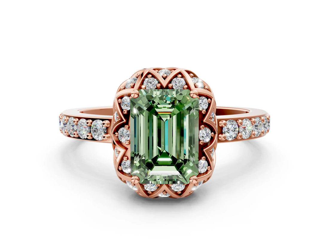 Rose gold Fancy Green Emerald Cut Diamond Scalloped Halo Engagement Ring with Round Shared Prong Band_12