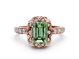 Rose gold Fancy Green Emerald Cut Diamond Scalloped Halo Engagement Ring with Round Shared Prong Band_12