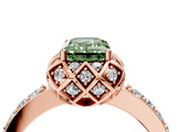 Rose gold Fancy Green Emerald Cut Diamond Scalloped Halo Engagement Ring with Round Shared Prong Band_16