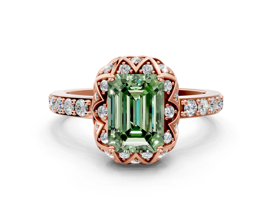 Rose gold Fancy Green Emerald Cut Diamond Scalloped Halo Engagement Ring with Round Shared Prong Band_24
