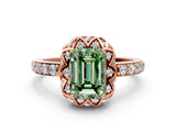 Rose gold Fancy Green Emerald Cut Diamond Scalloped Halo Engagement Ring with Round Shared Prong Band_24