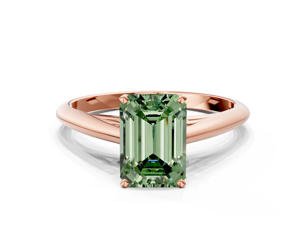 Rose gold Fancy Green Emerald Cut Diamond Solitaire Engagement Ring with Cathedral Setting and Four-Prong Mount