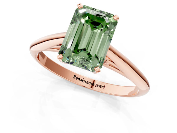 Rose gold Fancy Green Emerald Cut Diamond Solitaire Engagement Ring with Cathedral Setting and Four-Prong Mount