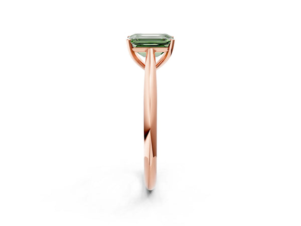 Rose gold Fancy Green Emerald Cut Diamond Solitaire Engagement Ring with Cathedral Setting and Four-Prong Mount