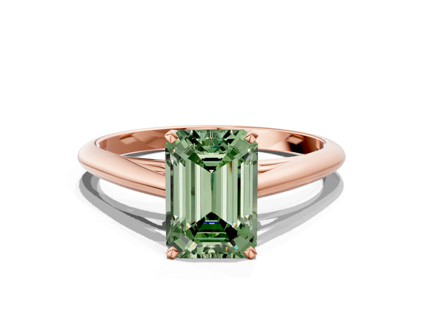Rose gold Fancy Green Emerald Cut Diamond Solitaire Engagement Ring with Cathedral Setting and Four-Prong Mount