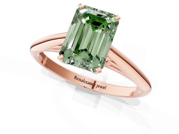 Rose gold Fancy Green Emerald Cut Diamond Solitaire Engagement Ring with Cathedral Setting and Four-Prong Mount