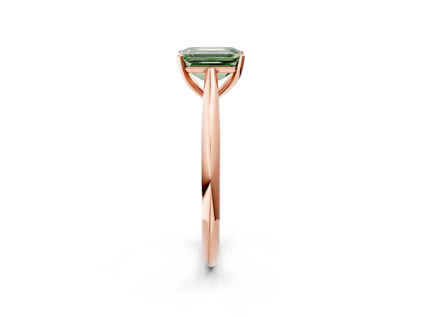 Rose gold Fancy Green Emerald Cut Diamond Solitaire Engagement Ring with Cathedral Setting and Four-Prong Mount