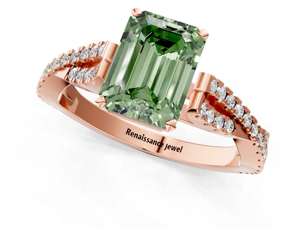 Rose gold Fancy Green Emerald Cut Diamond Solitaire Engagement Ring with Twisted Pavé Band and Four-Prong Setting