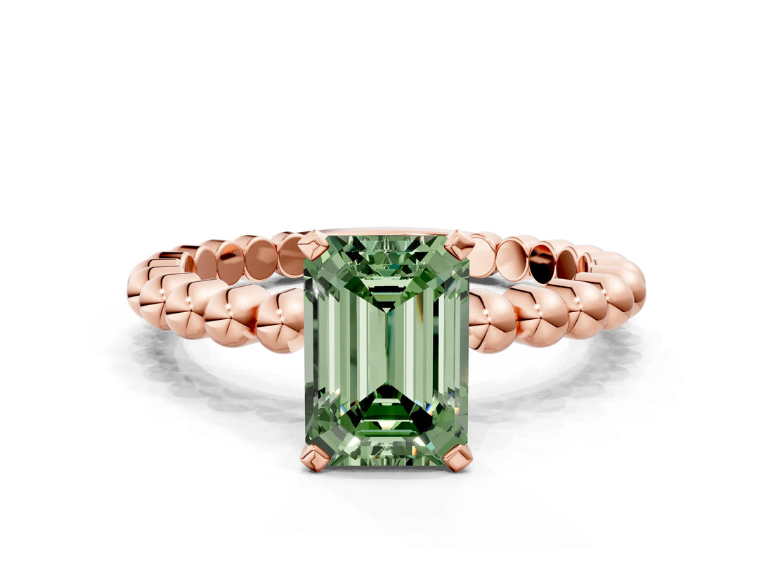 Rose gold Fancy Green Emerald Cut Diamond Solitaire Ring with Beaded Band and Prong Setting_291