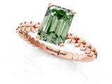 Rose gold Fancy Green Emerald Cut Diamond Solitaire Ring with Beaded Band and Prong Setting_292