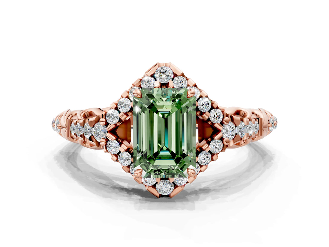 Rose gold Fancy Green Emerald Cut Diamond Solitaire Ring with Hidden Halo and Pavé Band_27