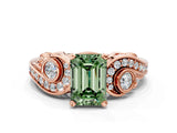 Rose gold Fancy Green Emerald Cut Diamond Solitaire Ring with Milgrain Pavé Band and Four-Prong Setting_166