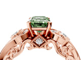 Rose gold Fancy Green Emerald Cut Diamond Solitaire Ring with Milgrain Pavé Band and Four-Prong Setting_170