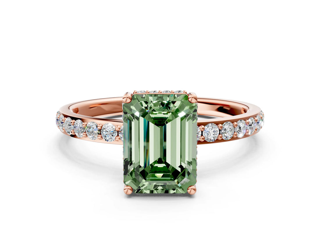 Rose gold Fancy Green Emerald Cut Diamond Solitaire Ring with Pavé Band and Hidden Halo_21