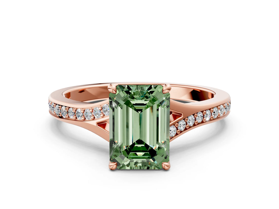 Rose gold Fancy Green Emerald Cut Diamond Solitaire Ring with Pavé Band and Prong Setting_12