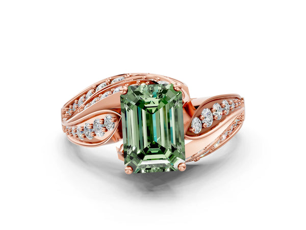 Rose gold Fancy Green Emerald Cut Diamond Solitaire Ring with Prong Setting and Twisted Pavé Band