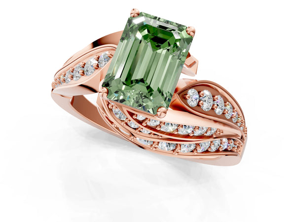 Rose gold Fancy Green Emerald Cut Diamond Solitaire Ring with Prong Setting and Twisted Pavé Band