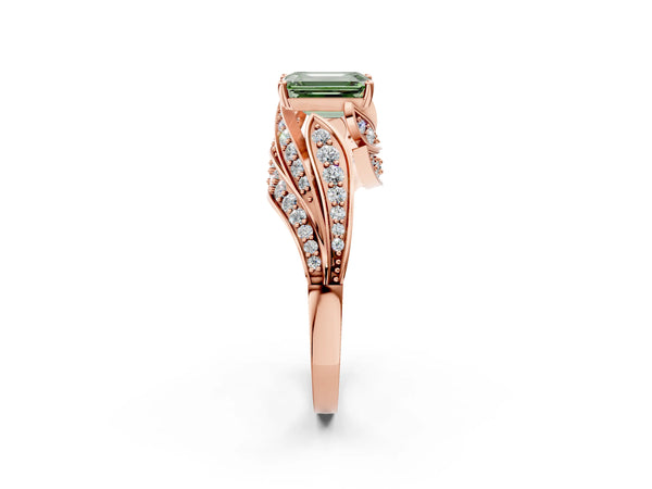 Rose gold Fancy Green Emerald Cut Diamond Solitaire Ring with Prong Setting and Twisted Pavé Band