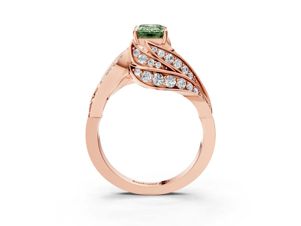 Rose gold Fancy Green Emerald Cut Diamond Solitaire Ring with Prong Setting and Twisted Pavé Band