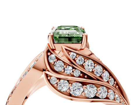 Rose gold Fancy Green Emerald Cut Diamond Solitaire Ring with Prong Setting and Twisted Pavé Band_4
