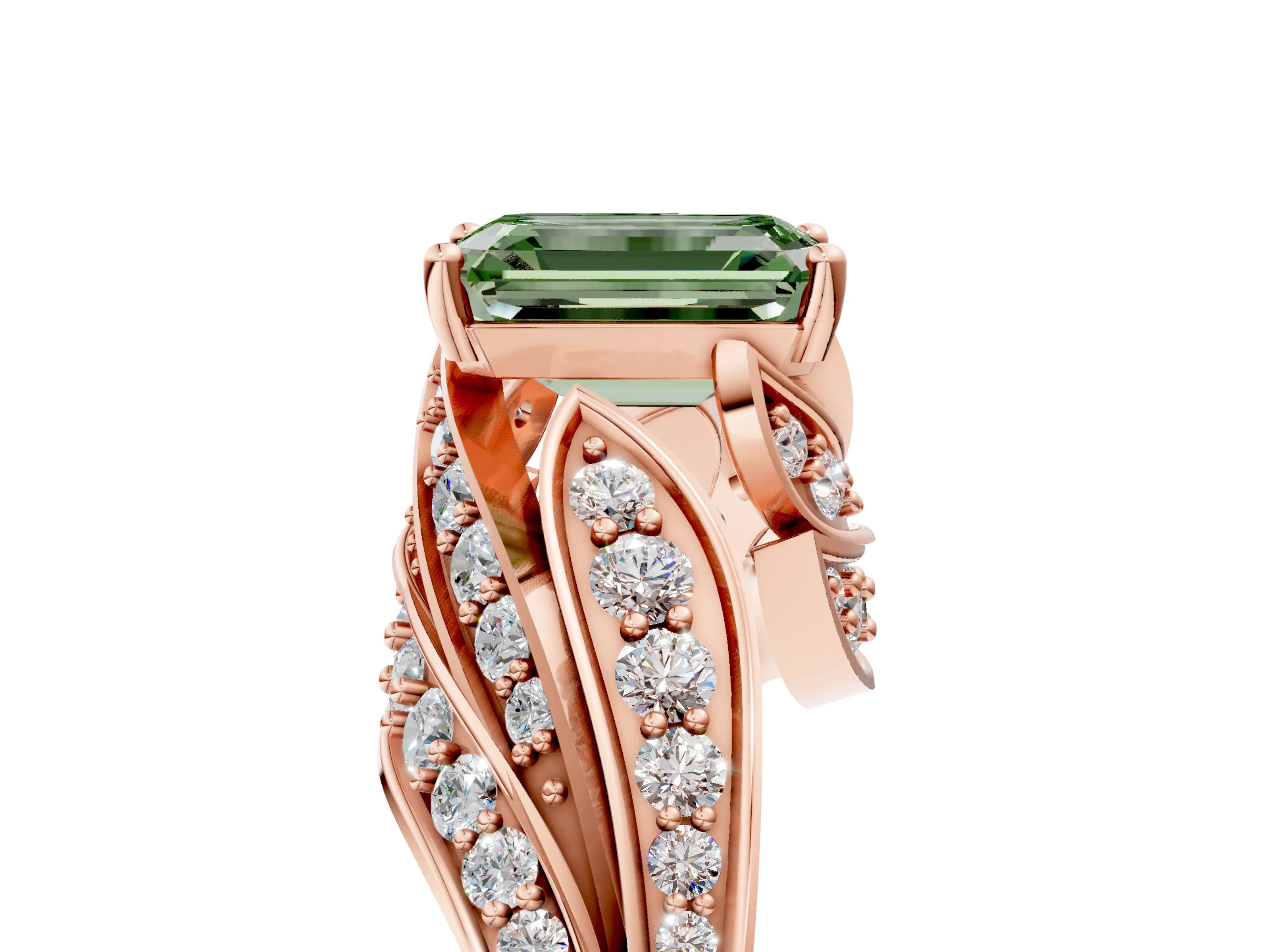 Rose gold Fancy Green Emerald Cut Diamond Solitaire Ring with Prong Setting and Twisted Pavé Band_5