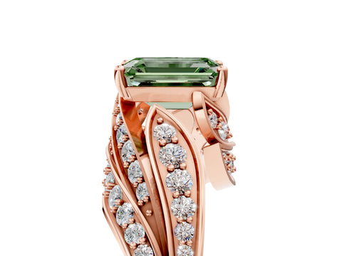 Rose gold Fancy Green Emerald Cut Diamond Solitaire Ring with Prong Setting and Twisted Pavé Band_5