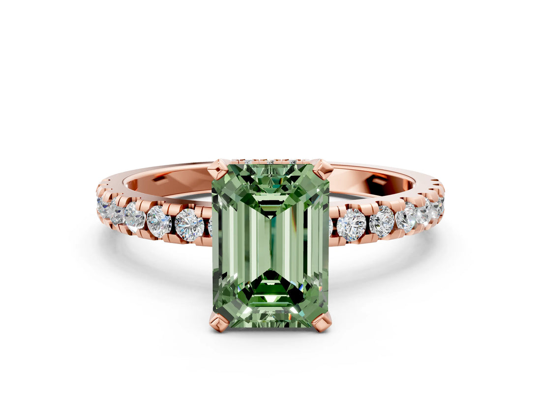 Rose gold Fancy Green Emerald Cut Diamond Solitaire Ring with Round  Pavé Band and Four-Prong Setting_36