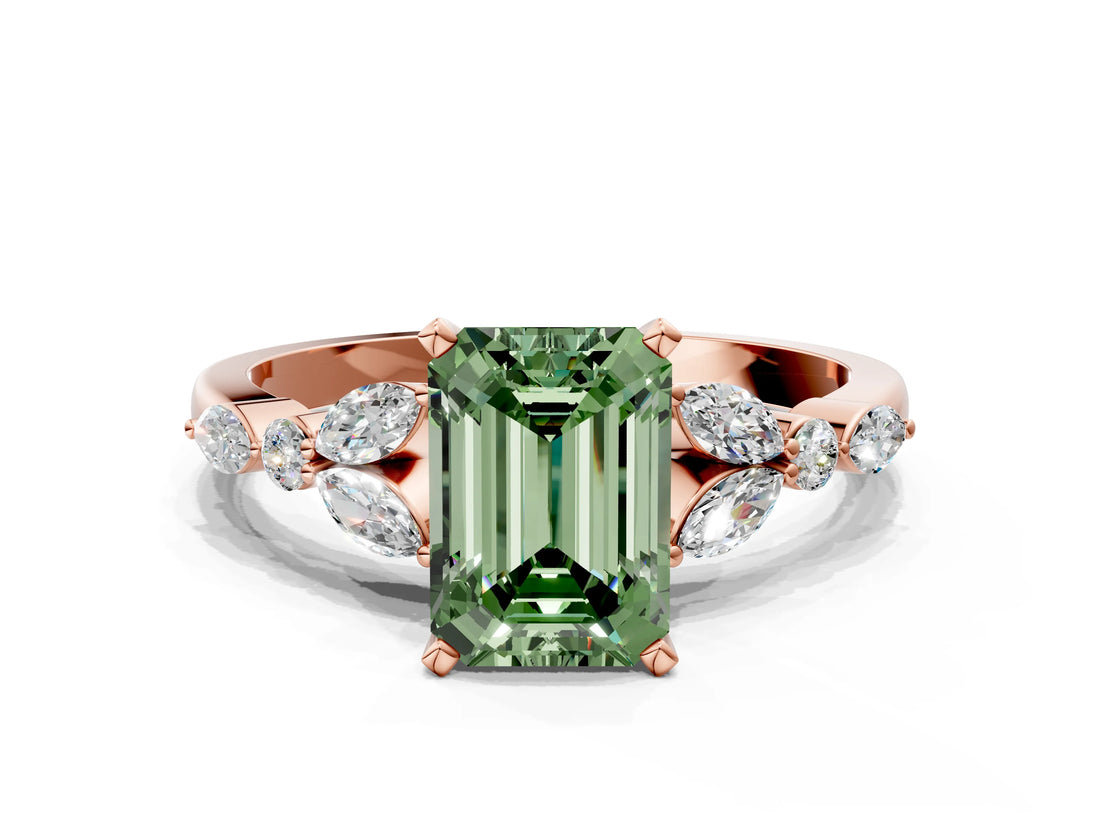 Rose gold Fancy Green Emerald Cut Diamond Solitaire Ring with Side Stones and Four-Prong Setting_172