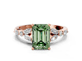 Rose gold Fancy Green Emerald Cut Diamond Solitaire Ring with Side Stones and Four-Prong Setting_172