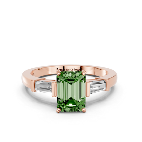 Rose gold Fancy Green Emerald  Cut Diamond Solitaire Ring with Tapered Baguette Accents and Four-Prong Setting_11