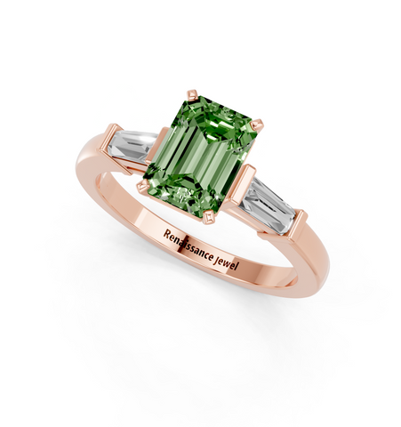 Rose gold Fancy Green Emerald  Cut Diamond Solitaire Ring with Tapered Baguette Accents and Four-Prong Setting_3