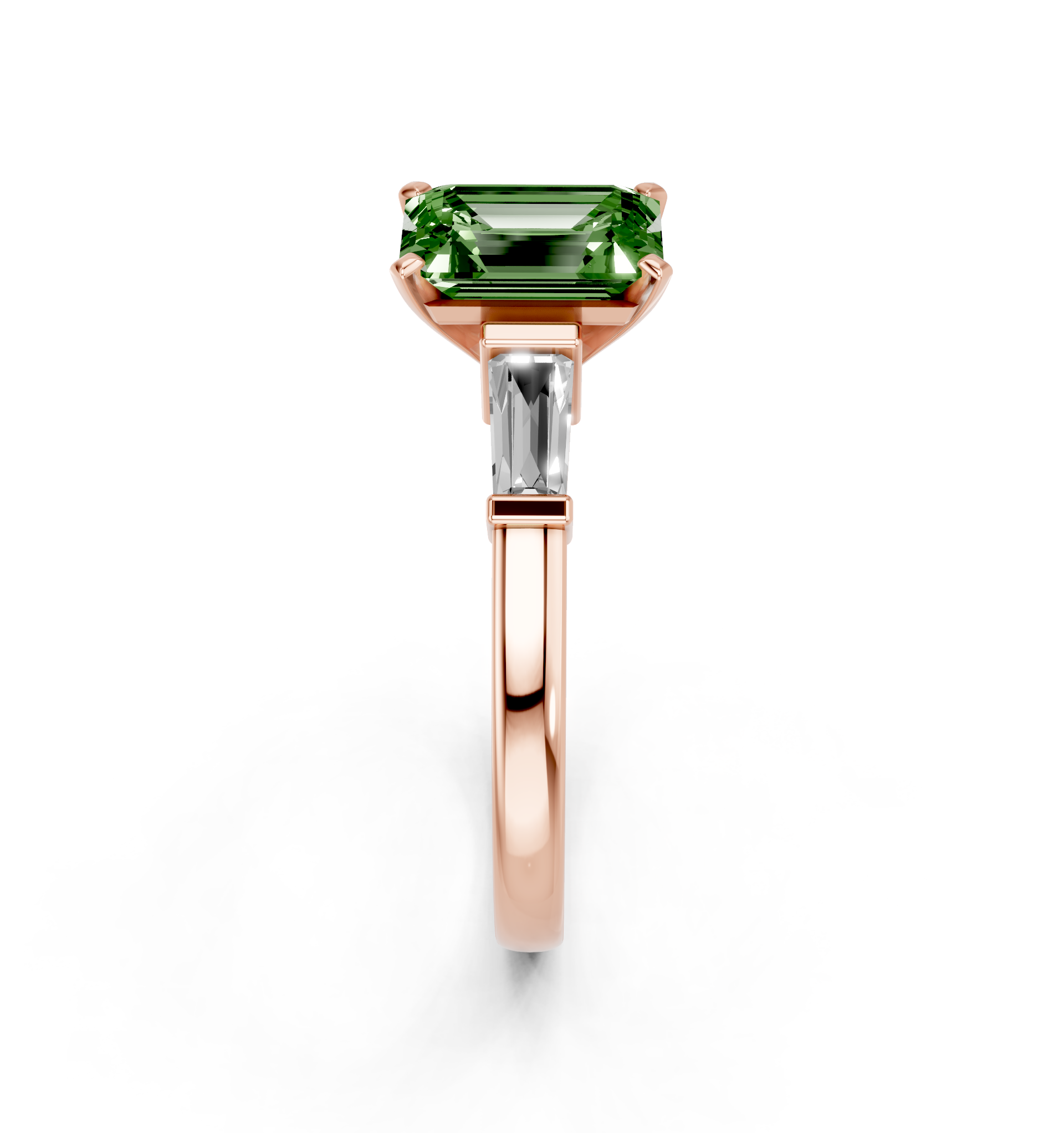Rose gold Fancy Green Emerald  Cut Diamond Solitaire Ring with Tapered Baguette Accents and Four-Prong Setting_4
