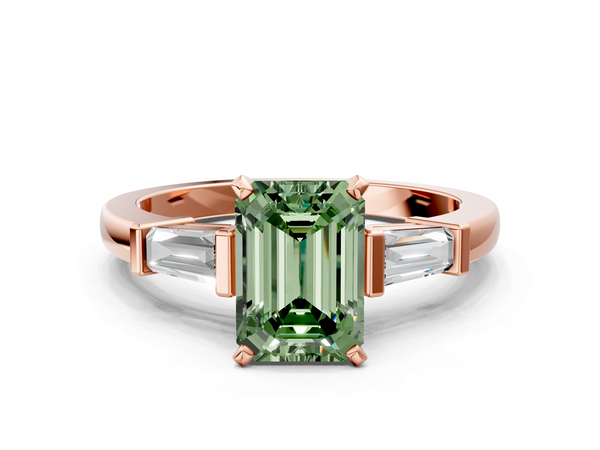 Rose gold Fancy Green Emerald  Cut Diamond Solitaire Ring with Tapered Baguette Accents and Four-Prong Setting