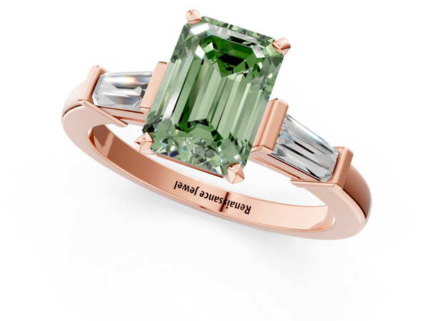 Rose gold Fancy Green Emerald  Cut Diamond Solitaire Ring with Tapered Baguette Accents and Four-Prong Setting