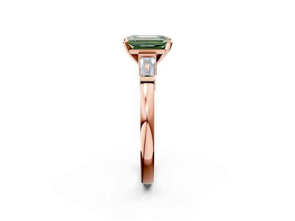 Rose gold Fancy Green Emerald  Cut Diamond Solitaire Ring with Tapered Baguette Accents and Four-Prong Setting
