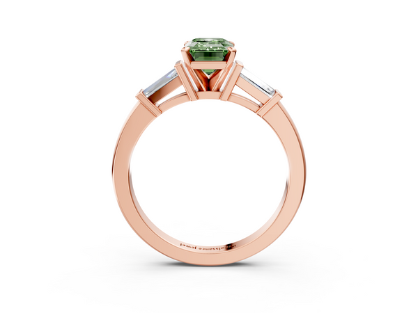 Rose gold Fancy Green Emerald  Cut Diamond Solitaire Ring with Tapered Baguette Accents and Four-Prong Setting