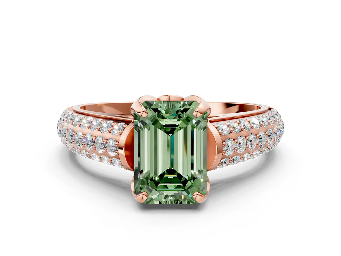 Rose gold Fancy Green Emerald Cut Diamond Solitaire Ring with Three-Row Pavé Band and Four-Prong Setting_37
