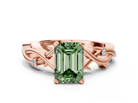 Rose gold Fancy Green Emerald Cut Diamond Solitaire Ring with Twisted Band and Prong Setting_239