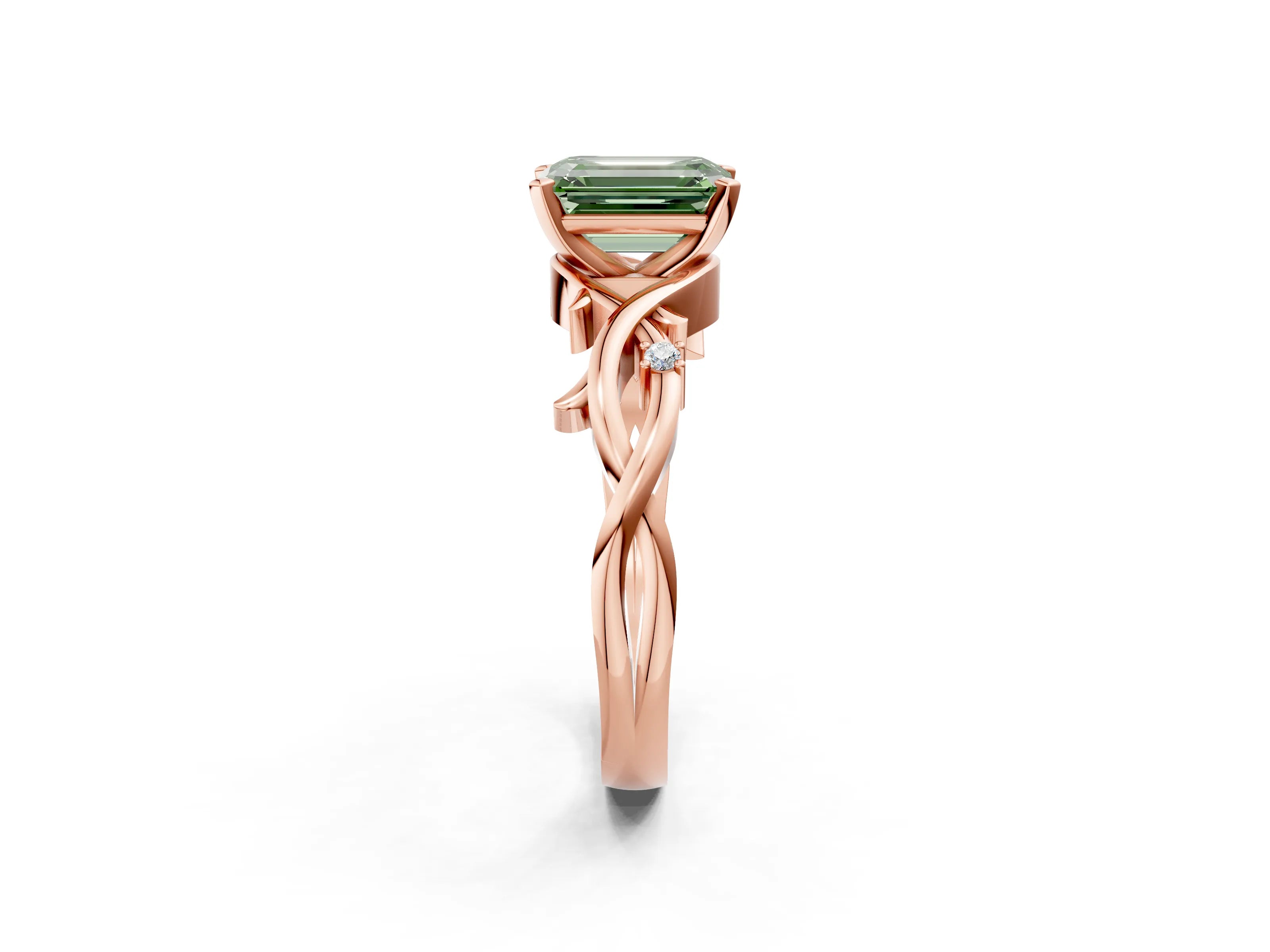 Rose gold Fancy Green Emerald Cut Diamond Solitaire Ring with Twisted Band and Prong Setting_241