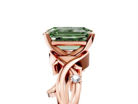 Rose gold Fancy Green Emerald Cut Diamond Solitaire Ring with Twisted Band and Prong Setting_244