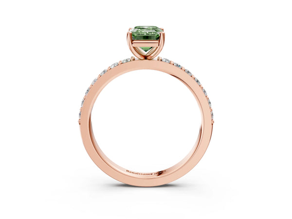 Rose Gold Emerald Cut Solitaire Engagement Ring Setting for Fancy Green Center with Round Pave Band