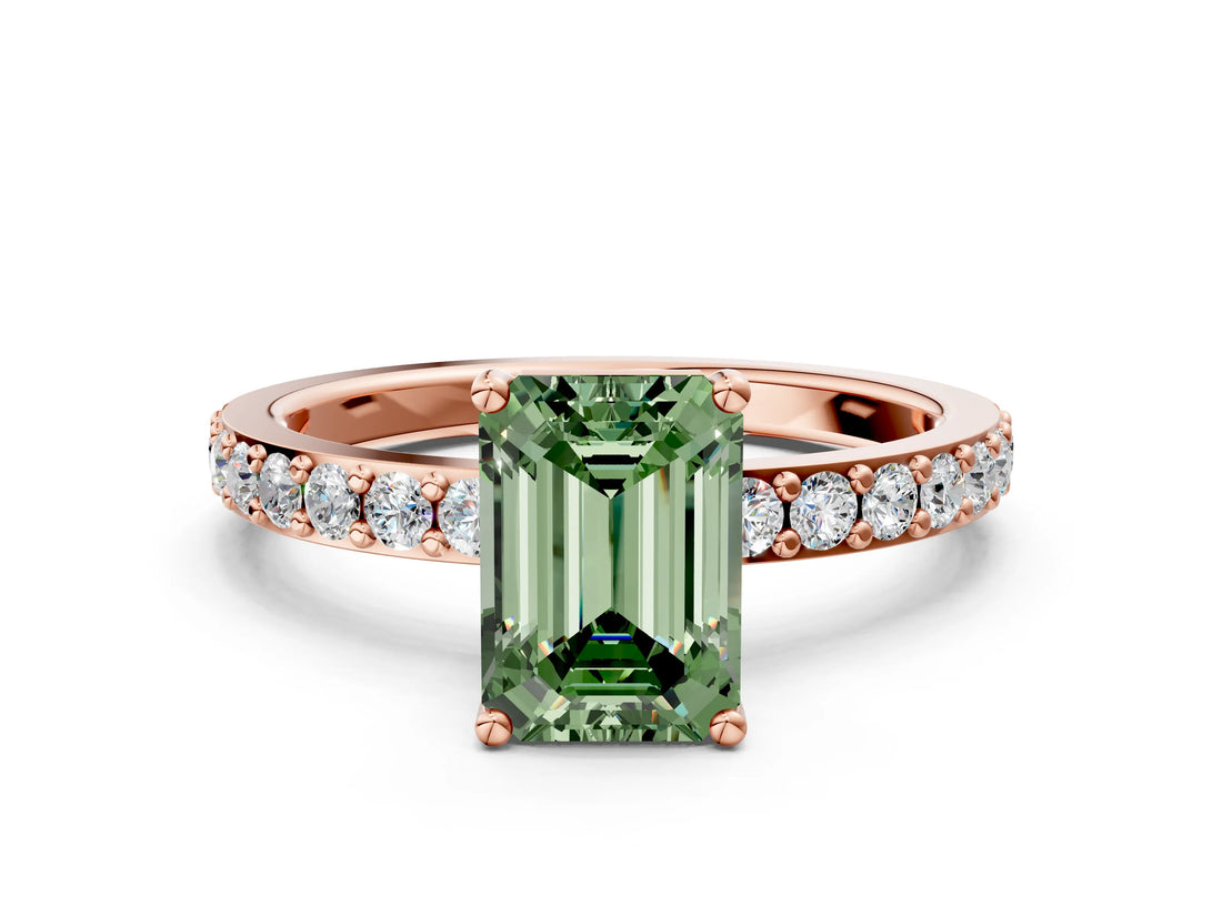 Rose gold Fancy Green Emerald  Cut Diamond Solitaire with Pave Band and Four-Prong Setting